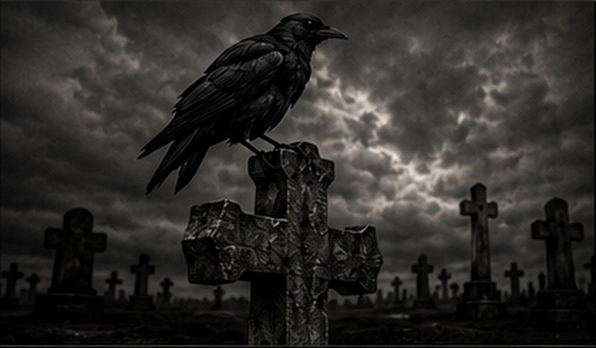 Raven standing on a cemetery cross
