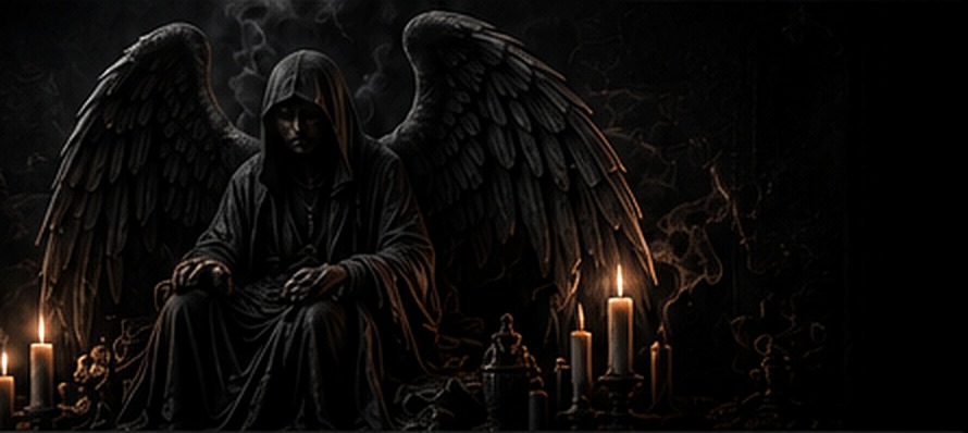 Hooded winged figure surrounded by candles